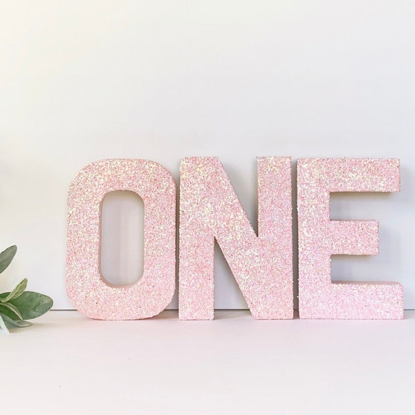 Pink Glitter Stand Up ONE Letter Sign-1st First Birthday-Photo Prop-Party Decor-Paper Mache Letters-Winter ONEderland-Cake Smash-Baby Girl