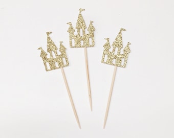 Castle Cupcake Toppers-Anniversary-Birthday-Donut-Decorations-Party-Princess-Fairytale Wedding-Royal-Disney Theme-Shower Decor-Girl-Sparkly