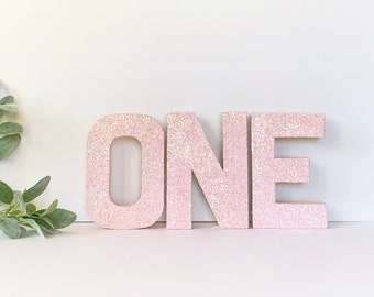 Pink Glitter Stand Up ONE Letter Sign-1st First Birthday-Photo Prop-Party Decor-Paper Mache Letters-Winter ONEderland-Cake Smash-Baby Girl