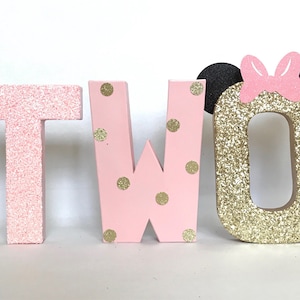 Minnie Mouse Glitter Stand Up &quot;TWO&quot; Letter Sign-Twodles-2nd Birthday-Photo Prop-Party Decor-Paper Mache-Disney Theme-Decorations-Girl-Room