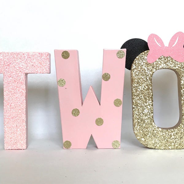 Minnie Mouse Glitter Stand Up "TWO" Letter Sign-Twodles-2nd Birthday-Photo Prop-Party Decor-Paper Mache-Disney Theme-Decorations-Girl-Room