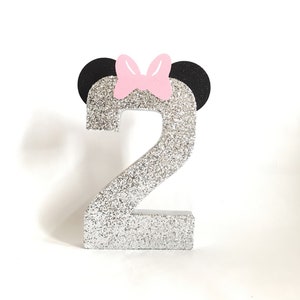 Pu&ograve; includere: Numero due di glitter argento con orecchie nere e un fiocco rosa in cima.