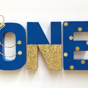 Blue and Gold Glitter Stand Up &quot;ONE&quot; Letter Sign-1st First Birthday-Photo Prop-Party Decor-Paper Mache-Royal Prince Crown-Decorations-Boy