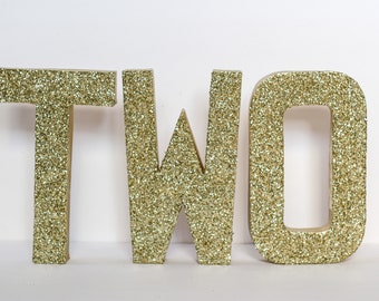 Gold Glitter Stand Up TWO Letter Sign-2nd Birthday-Photo Prop-Party Decor-Paper Mache-Winter wonderland Theme-Cake Smash-decorations-Girl