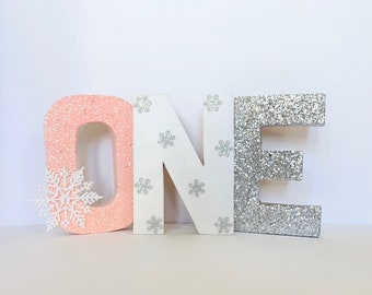Pink and silver Glitter Stand Up "ONE" Letter Sign-1st First Birthday Girl-Photo Prop-Party Decor-frozen theme-Winter ONEderland-Decorations