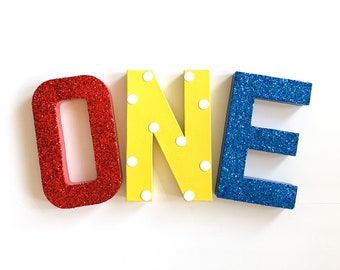Sesame Street inspired theme Glitter Stand Up "ONE" Letter Sign-1st First Birthday-Bday Photo Prop-Party Decor-Paper Mache-Decoration-Boy