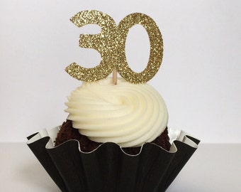 30th Glitter Cupcake Toppers-Anniversary-Birthday-Dirty 30 Flirty-Dessert Table-Decorations-Party Decor-Sweets-Donut-Golden-Gold-Glam-Glitz