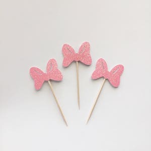 Glitter Bow Cupcake Toppers-Birthday-Baby Shower-Minnie Mouse-Disney Theme-Its a Girl-Little Miss-Dessert Table-Bday Decor-Decoration-Donut