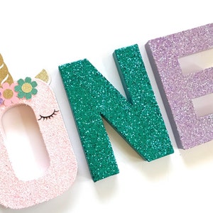Glitter Unicorn Stand Up ONE Letter Sign-1st First Birthday-Photo Prop-Party Decor-Paper Mache-Magical-Decoration-Smash Cake Photography image 3