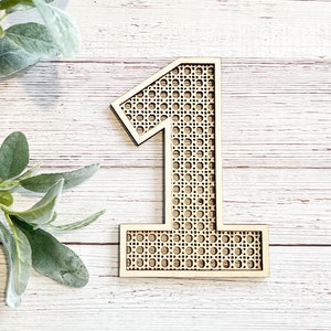 Rattan Cane Wood number-Initial-Monogram-Wedding-Shower-Decor-Photo Prop-Baby Grl-Modern-Birthday-Bridal-Boho-Home-Room-Natural-1st-Name-ONE