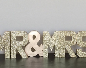 Gold Silver Glitter Stand Up Paper Mache "Mr & Mrs" Sign-Bridal Shower-Engagement Party-Wedding-Sweetheart Table-Cake-Photo Prop-Decor