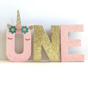 Glitter Unicorn Stand Up ONE Letter Sign-1st First Birthday-Photo Prop-Party Decor-Paper Mache-Magical-Decoration-Smash Cake Photography image 1