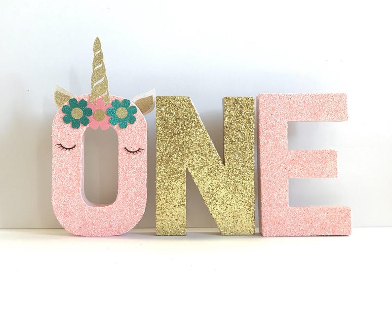 Glitter Unicorn Stand Up ONE Letter Sign-1st First Birthday-Photo Prop-Party Decor-Paper Mache-Magical-Decoration-Smash Cake Photography image 1
