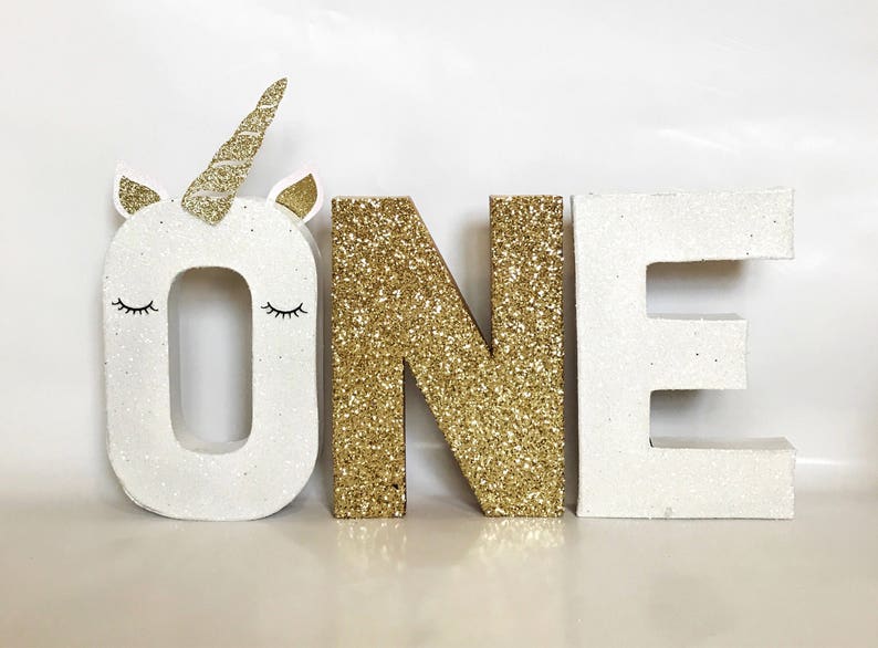 Glitter Unicorn Stand Up ONE Letter Sign-First 1st Birthday Photo Prop-Party Decor-Paper Mache-Magical-Decoration-Smash Cake Photography image 1