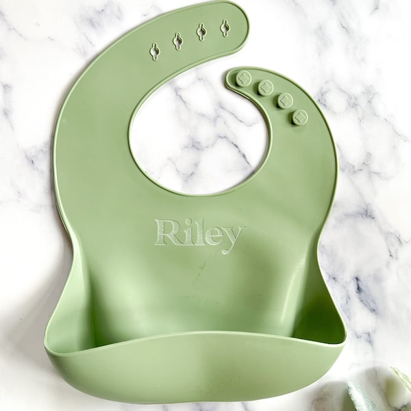 Engraved Silicone Bib with Pocket-Name-Customized-Personalized-Baby Shower Gift-Present-Birthday-Holiday-Girl-Boy-Gender Neutral-Waterproof