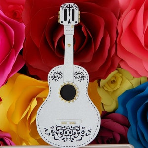 Guitar card board Mexican fiesta theme party light weight child activity paint decorate coco theme party inspiration photo booth guitars