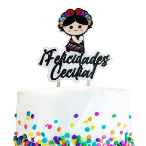 Cake topper Spanish or english  text Maria Doll name on  Noche Mexicana Day of the dead custom colors 5 de mayo mexican fiesta cake topper