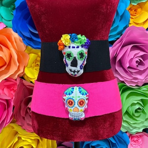 Mexican authentic belt with hand sewn catrina face katrina belt.