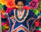 Mexican Jalisco dress Size 6 Blue stunning KIDS Beautiful- Frida Kahlo style-baby mexican boho hippie baby flower child Color Blue
