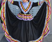 Mexican Jalisco two piece Black dress woman size L double circle ribbon 5 de Mayo day of tje dead Frida coco theme party