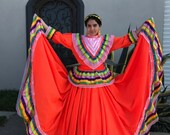 Mexican Jalisco two piece Orange dress woman size M double circle ribbon 5 de Mayo day of tje dead Frida coco theme party