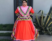 Mexican Jalisco two piece Orange dress woman size L double circle ribbon 5 de Mayo day of tje dead Frida coco theme party