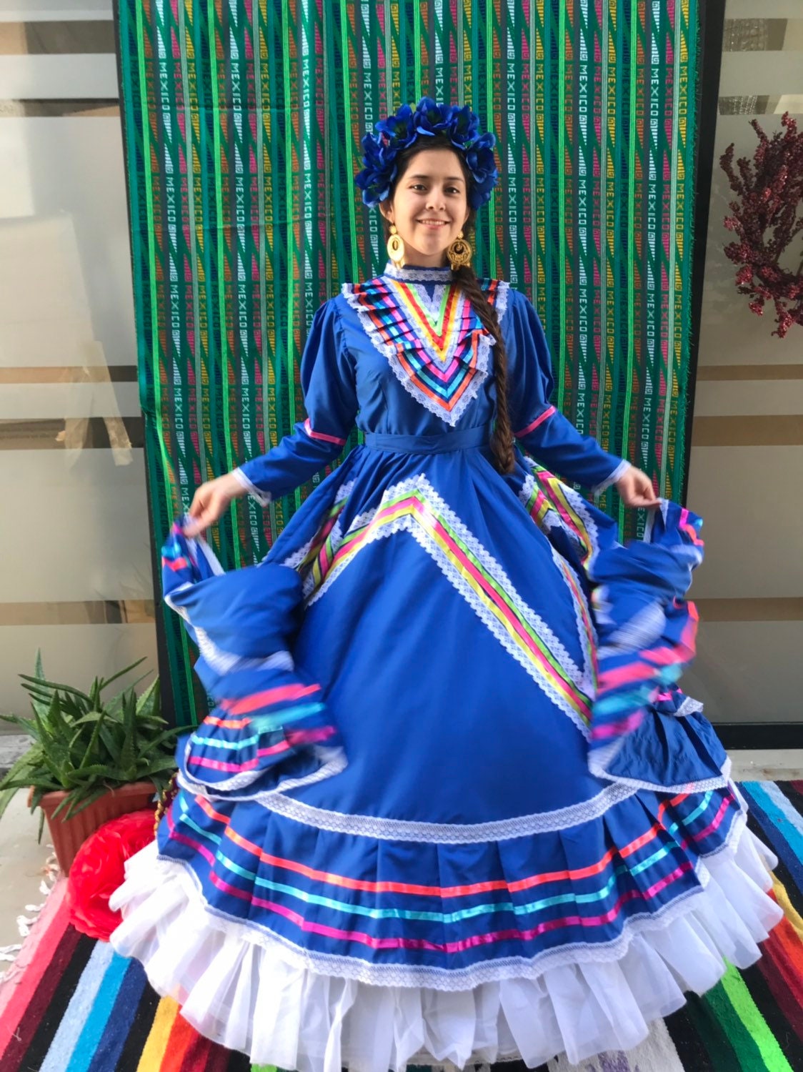 メキシカンドレス サイズ 14 ブルー ハリスコ ドレス フォークロリック
