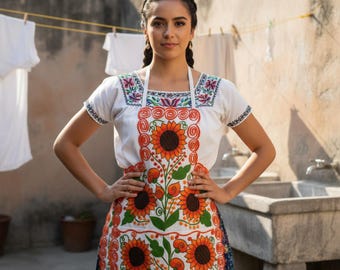 花柄刺繍のメキシカンウーマンエプロン：XS ブルー キッチンデランタル