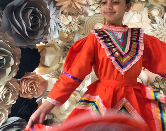 Mexican Jalisco dress size 4 Orange stunning KIDS-  Beautiful- baby mexican boho hippie baby flower child Color