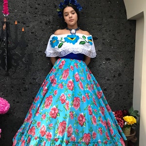 Mexican Blue Flowered skirt  womans mexican boho coco theme party  day of the dead SKIRT ONLY day of the dead costume 90CM