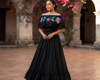 Traditional Mexican Embroidered Floral Dress Set – Handmade Two