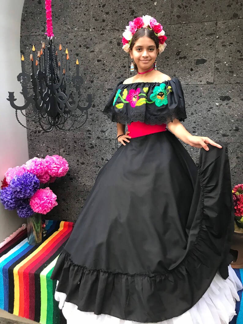 Frida Kahlo style Beautiful Mexican Black dress with top Handmade womans mexican boho coco theme party day of the dead costume 100CM