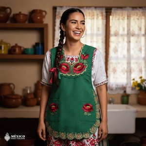 Green Mexican Embroidered Smock Aprons – Floral Traditional Design