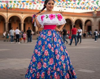 ハンドメイドのメキシコ刺繍ドレス：ピンクの花柄ワンサイズチュニック