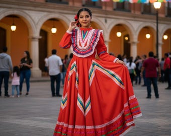 OrangeTraditional Jalisco One-Piece Dress – Mexican Folklore Wear (Size 16)