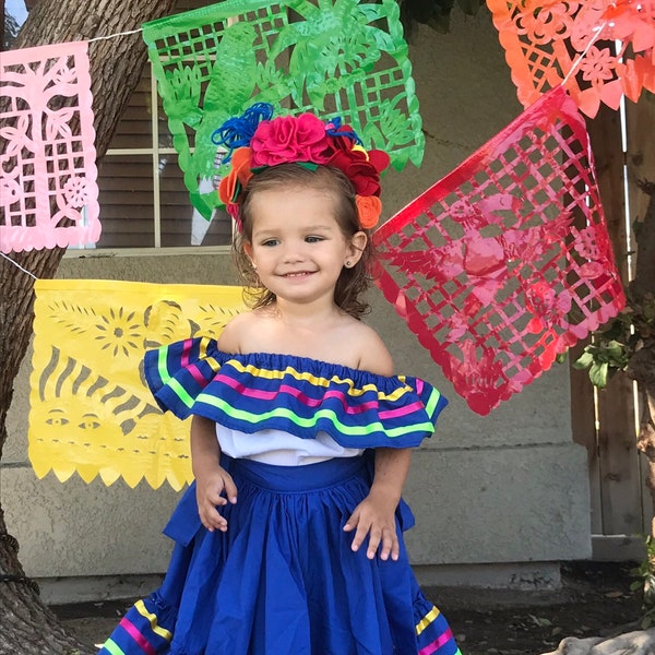 Mexican little girls dress size 0 SKIRT and Blouse 2pc Color Blue 5 de Mayo  inspired day of the dead 37 cm