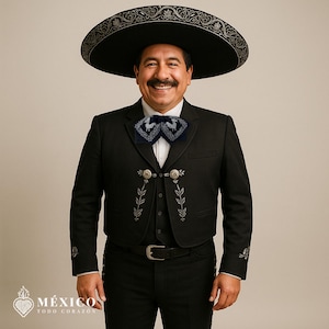 Schwarze Mexikanische Charro Moño mit Silberner Hahn-Stickerei | Mariachi Fliege für Fiestas, Rodeos oder Kulturelle Veranstaltungen | México Todo Corazón