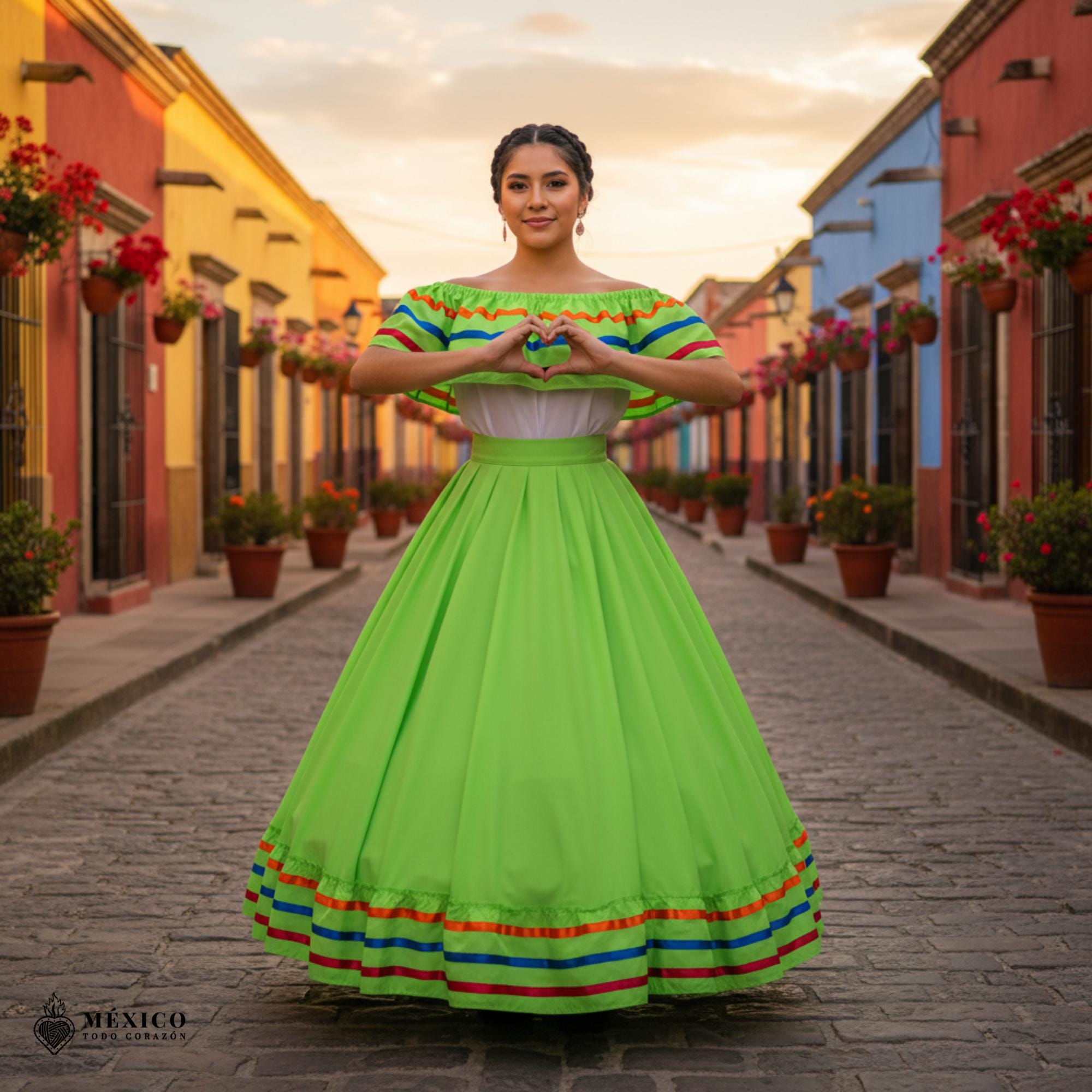 Light Green Mexican Jalisco Dress Set - Handmade Traditional Folkloric Outfit for Women