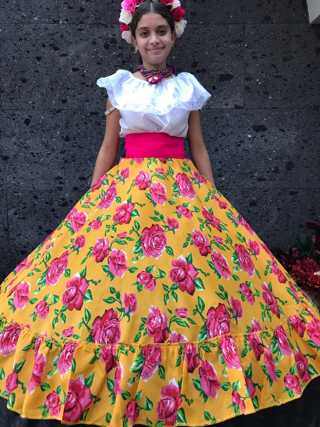 Mexican Flowered SKIRT Yellow Handmade Beautiful Style-womans Mexican ...