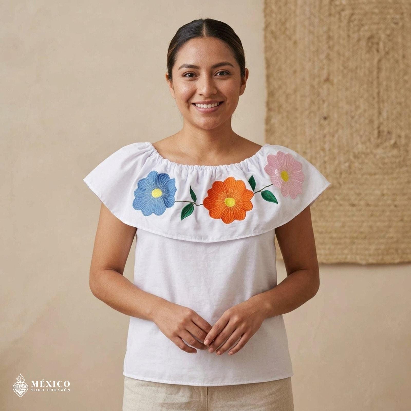 伝統的なメキシコ刺繍入り農民風ブラウス - オフショルダー花柄 