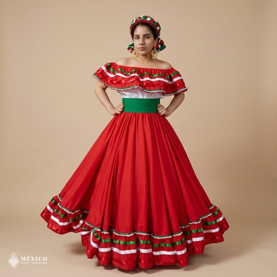 traditional mexican christmas dress Red Handmade Mexican Dress Set  Tricolor Ribbon Skirt & Blouse Traditional  (single Skirt)