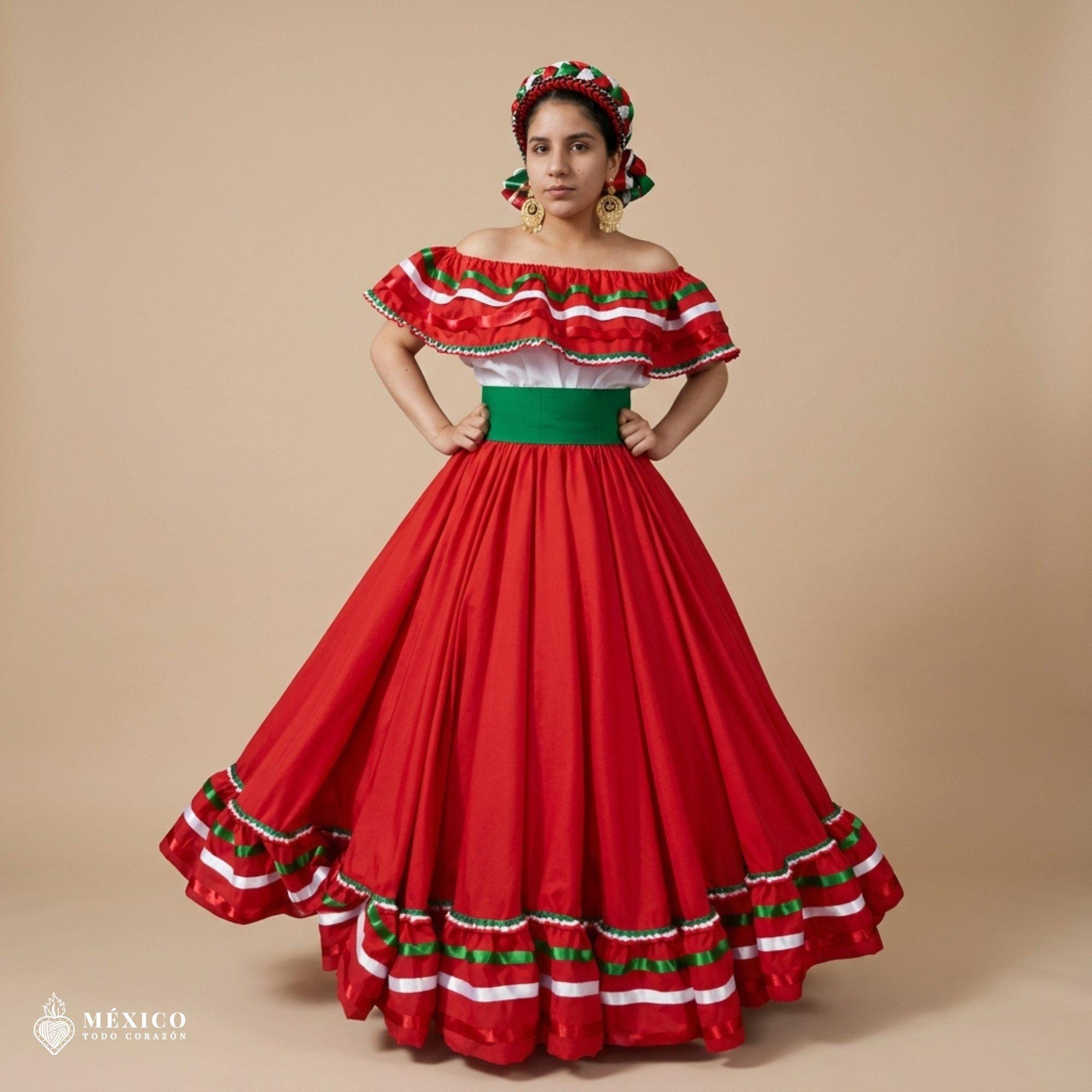 赤い手作りのメキシカンドレスセット – 三色リボンのスカートと