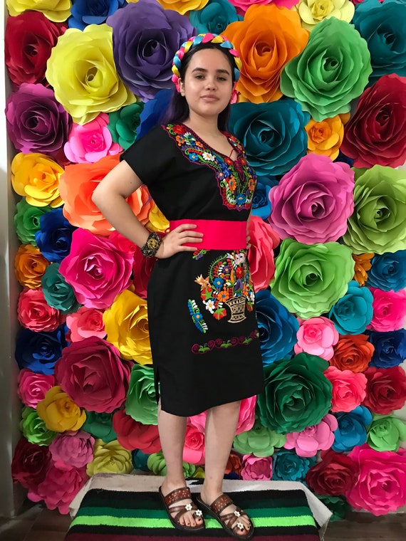 Mexicano Bordado Kimono Vestido Negro MEDIUM Mujeres Hermoso - Etsy México