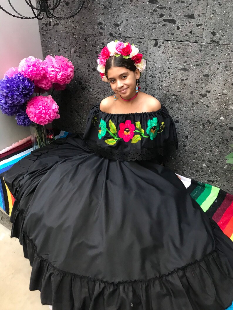 Frida Kahlo style Beautiful Mexican Black dress with top Handmade womans mexican boho coco theme party day of the dead costume 100CM