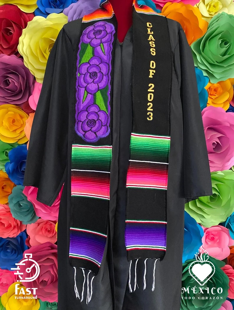 Graduation class of 2023 FIRST GENERATION Mexican sash sarape zarape no personalization Gold lettering 2021  2022 purple flowers 2023 