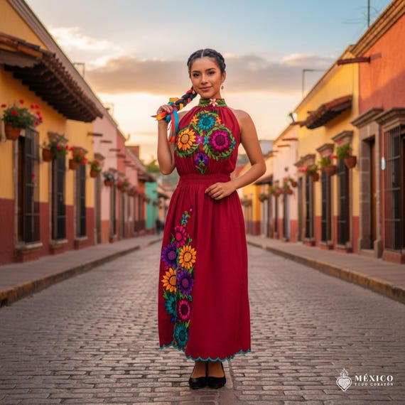 Red Mexican Long Embroidered Dress Hand Embroidered Day of the Dead 5 De  Mayo Mexican Wedding - Etsy UK