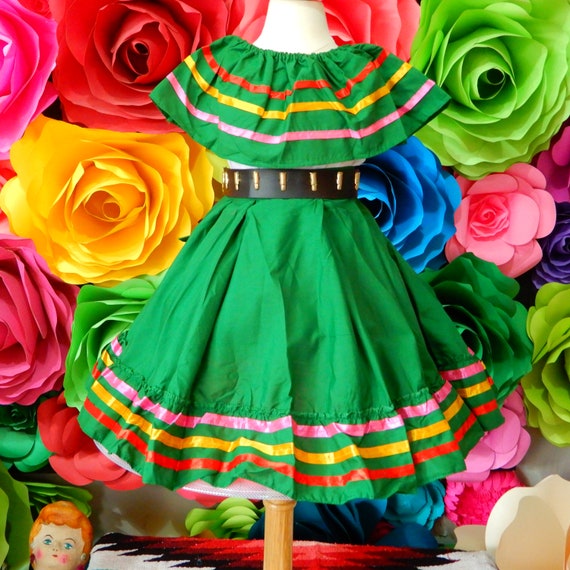 Vintage Mexican dress sash - hot pink with green and multi- colorful tassels Pink Jalisco Folkloric Dress for Girls – Professional  main image 3