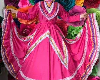 Mexican dress size 16 Pink Jalisco dress Folkloric - style mexican boho hippie Mexican dance dress wedding 5 de mayo  fiesta