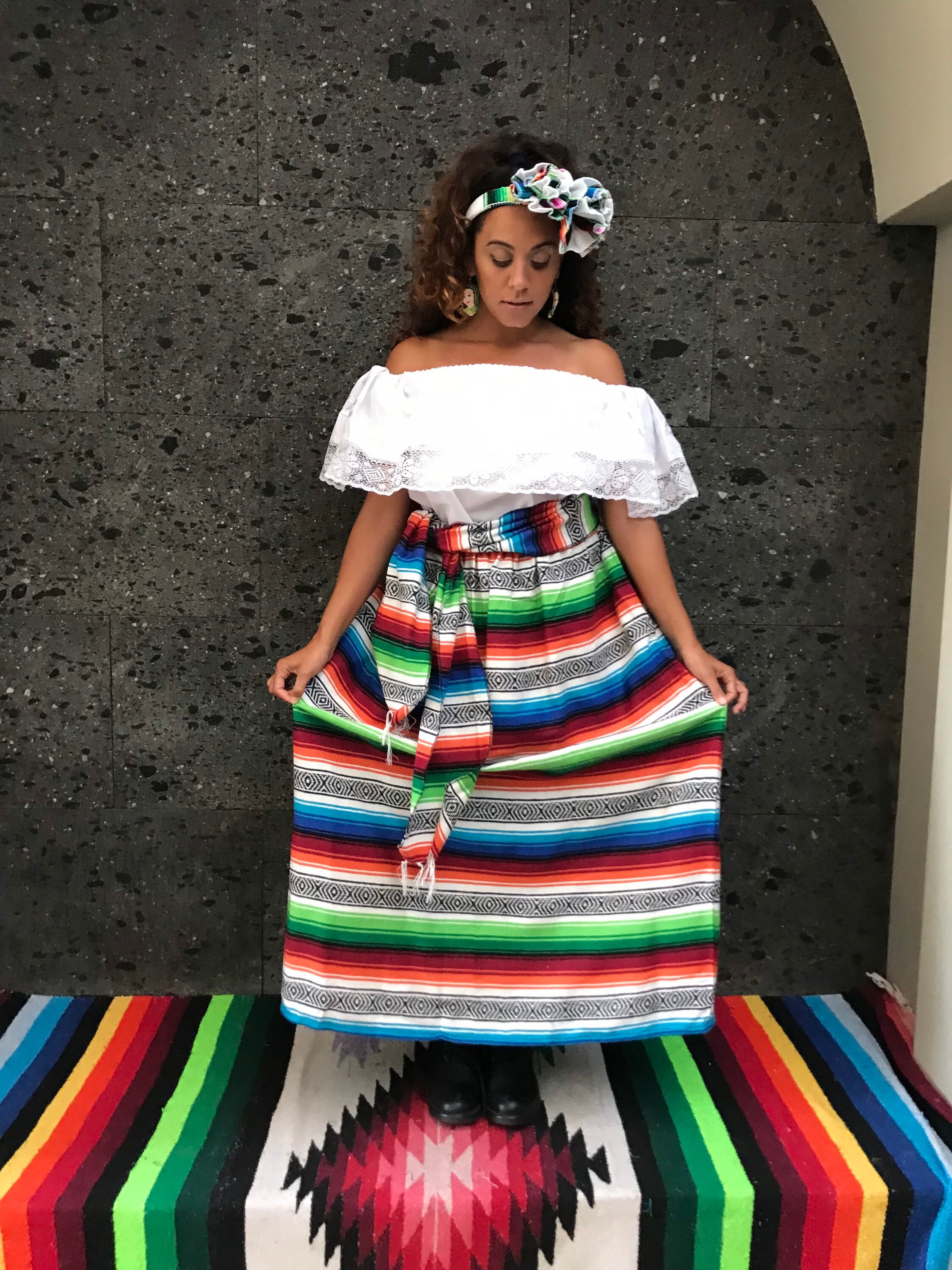 Flower backdrop Mexican theme fiesta. Mexican theme outfit for fiesta.  Zarape skirt. Embroid…