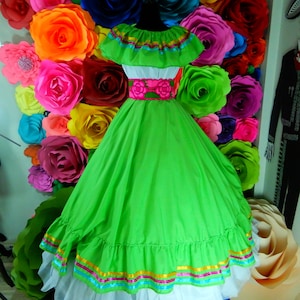 Mexican KIDS-size 8-10 dress Handmade- Womans Teen Beautiful coco theme style-Mexican hobo hippie baby one size dress peasant GREEN 70CM